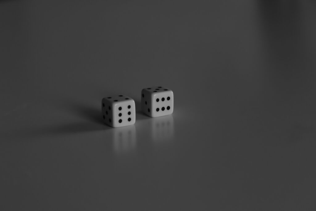 Two dice on a reflective surface in a minimalist black and white style.